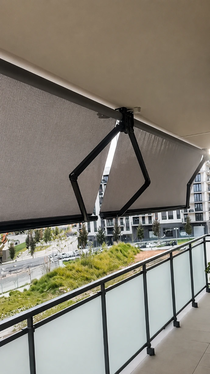 Terraza equipada con toldos extensibles oscuros y mobiliario exterior