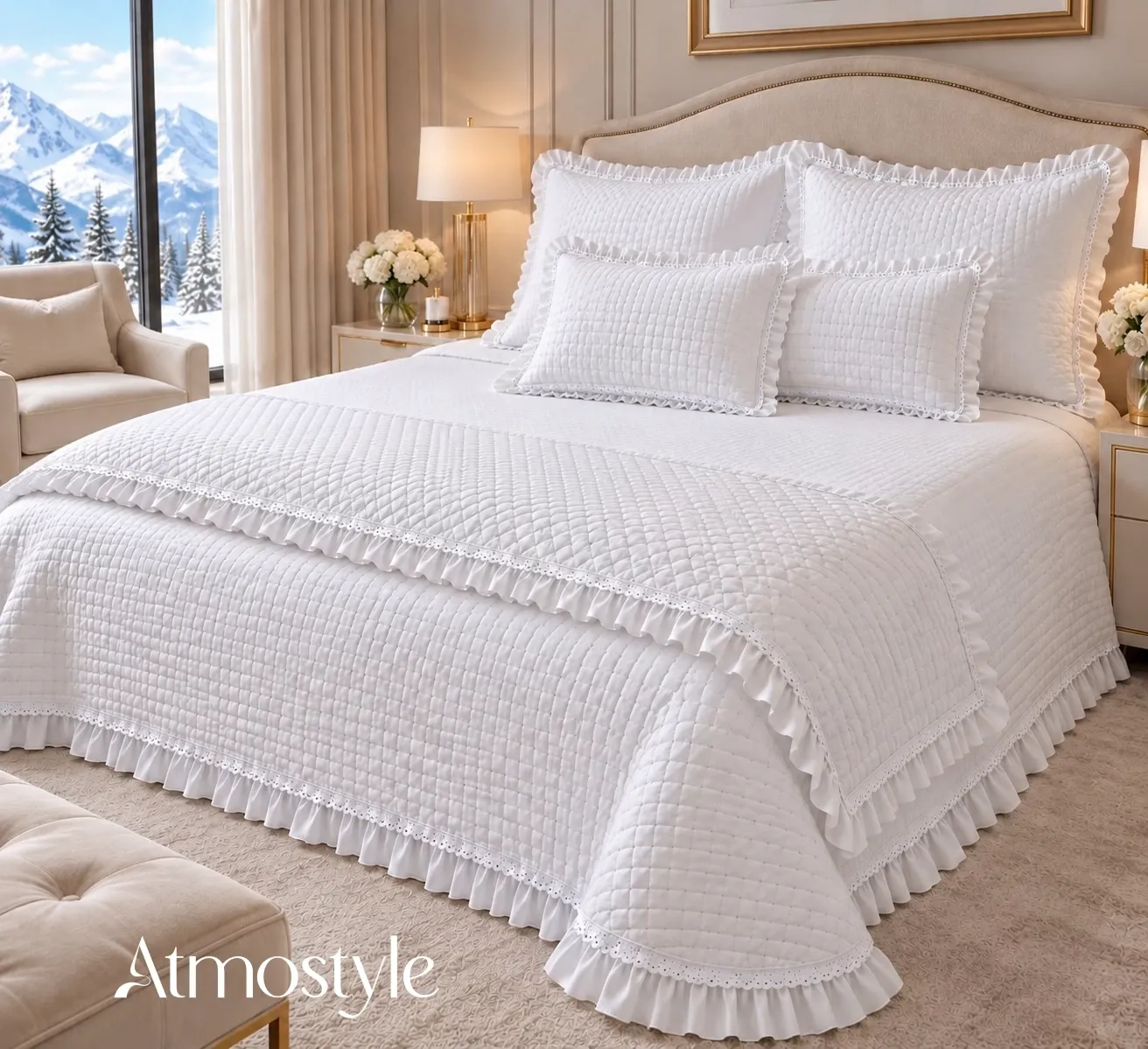 Conjunto Cayetana · Pie de cama + 2 fundas de cojín (Blanco, 90 × 250 cm)